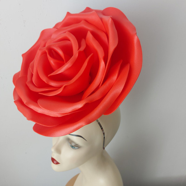 Giant Rose Flower clip Red Fascinator Occasion Hat Woman in red.jpg