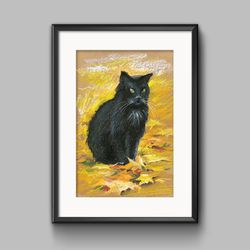 Black cat in autumn leaves, Oil pastel, Art print from the original painting, Printable wall art, Wall decor