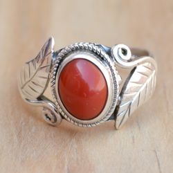 Real Coral Ring, Red Stone Ring, Silver Ring For Women, Silver Handmade Ring, Oval Gemstone Ring, Dainty Leaf Ring, Gift