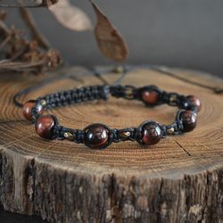 Red tiger eye braided bracelet Gemstone mens womens wristlet Taurus birthstone