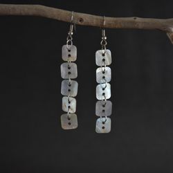 Pearl shell earrings. Nacre shell earrings made of mother-of-pearl buttons. Long dangling earrings. Moms day gift.