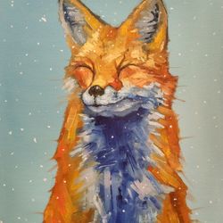 original oil painting snow fox 30x40 cm, birthday gift interior decoration
