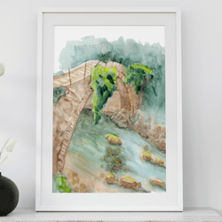 Bridge watercolor digital poster, landscape art print