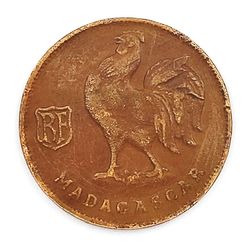 1943 Coin Madagascar 1 Franc Bronze Rooster Cross of Lorraine