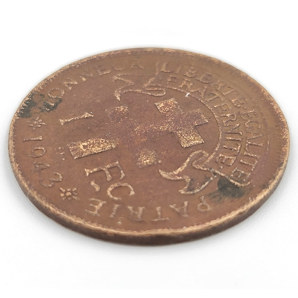 6 1943 Coin Madagascar 1 Franc Bronze Rooster Cross of Lorraine.jpg
