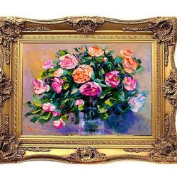 roses multicoloured flower bouquet vase oil painting impasto original artist svinar oksana