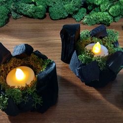 set of two candle holders stabilized moss coal decor light bedroom eco decor viking style