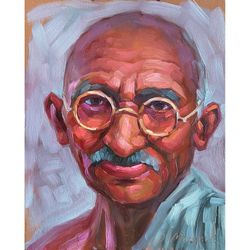 Mahatma Gandhi Painting Oid Man Portrait Artwork Oil On Panel Male Portrait