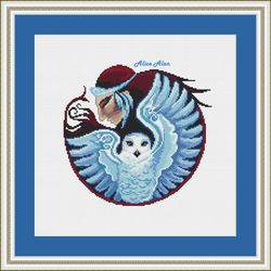 Cross stitch pattern blue Owl Indian silhouette ethnic bird wings totem feathers America counted crossstitch patterns