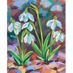 Wild Flowers Painting Original Snowdrops Artwork Oil On Panel 8x10 Inch Spring Floral Wall Art