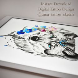 Wolf Flower Tattoo Design Wolf Tattoo for Females Wolf Tattoo Sketch for Ladies, Instant download PDF and JPG files