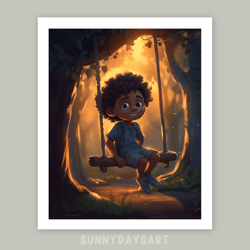 Cute black boy poster, black boy swinging on a tree swing, boy room decor, printable art, decor for children room