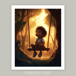 Cute black boy poster, happy black boy swinging on a tree swing, boy room decor, printable art, decor for children room