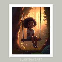 Cute black girl poster, happy black girl swinging on a tree swing, girl room decor, printable art, decor for child room