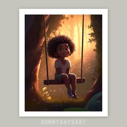 cute black girl poster, happy black girl swinging on a tree swing, girl room decor, printable art, decor for child room