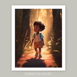 Cute black boy poster, happy black boy walking in the forest, boy room decor, printable art, decor for child room