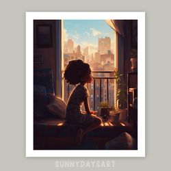 cute black girl poster, black girl looking out the window, girl room decor, printable art, decor for children room