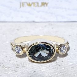 Green Tourmaline Ring - Gemstone Ring - Hammered Ring - Gold Ring - Bezel Ring - Dainty Ring - Simple Ring - Triple Ring