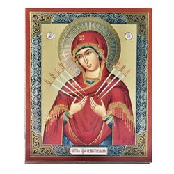Mother Of God Of The Seven Arrows | Silver And Gold Foiled Miniature Icon | undefined Size: 2,5" X 3,5" |