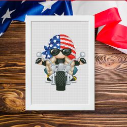 Female biker, Gnome cross stitch, Female cross stitch, Cross stitch pattern, Modern cross stitch, Patriotic cross stitch