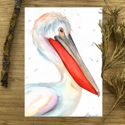 Bird painting, pelican watercolor paintings, handmade bird watercolor painting by Anne Gorywine