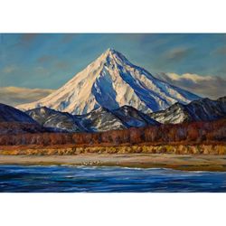 Mountain Landscape Painting Kamchatka Volcano Oil Painting Mountains Artwork Original Art  20" by 28" by Ellen Che