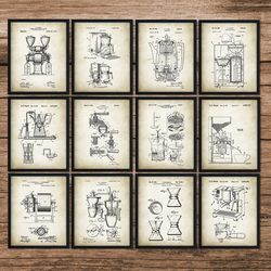 Coffee Invention Patent Set of 12, Coffee Poster, Coffee Patent, Coffee Blueprint, Cafe Decor, Coffee Pot, Coffee