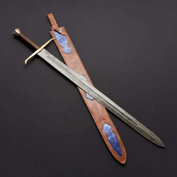 Exquisite 32" Hand Forged Damascus Viking Sword - Twist Pattern, Brass Pommel, Razor Sharp, Ambidextrous, Leather Sheath