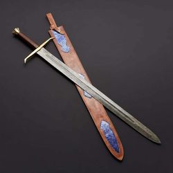 exquisite 32" hand forged damascus viking sword - twist pattern, brass pommel, razor sharp, ambidextrous, leather sheath