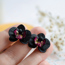 Black phalaenopsis orchid stud earrings, Black flower earrings, Women fine jewellery, Mother's day gift, Handmadeblossom
