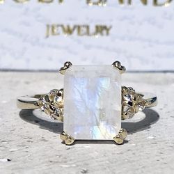 Rainbow Moonstone Ring - June Birthstone - Statement Ring - Gold Ring - Engagement Ring - Rectangle Ring - Cocktail Ring