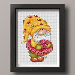 Donut gnome cross stitch pattern PDF, Donut cross stitch, Yummy gnome, Dessert cross stitch, Sweets cross stitch