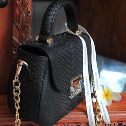 Top handle black genuine python skin bag | exotic leather bags | Elegant women purse | snake skin bag