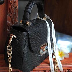 top handle black genuine python skin bag | exotic leather bags | elegant women purse | snake skin bag
