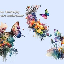 rainbow butterfly and flowers watercolor