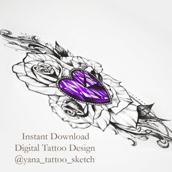 Heart Tattoo Designs Crystal Tattoo Sketch Rose Tattoo Design Flowers Tattoo Ideas, Instant download PNG and JPG