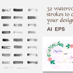 32 watercolor strokes and 3 additional brushes to create your design