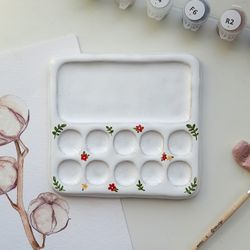Floral paint palette/White slab palette with flowers for watercolor/Clay paint palette//Gift for artist