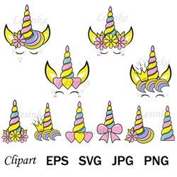 unicorn head bundle, unicorn horn svg clipart, cutting file