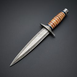 Damascus steel dagger hunting knife with leather sheath handmade knife, Modern toothpick dagger knife mk3654m