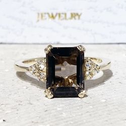 Smoky Quartz Ring - Genuine Gemstone - Gold Ring - Statement Ring - Engagement Ring - Rectangle Ring - Cocktail Ring