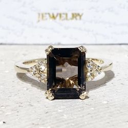 smoky quartz ring - genuine gemstone - gold ring - statement ring - engagement ring - rectangle ring - cocktail ring