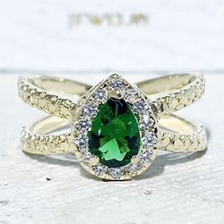 emerald ring - may birthstone - gold ring - gemstone band - statement ring - engagement ring - teardrop ring