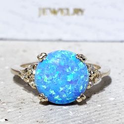 Blue Opal Ring - October Birthstone - Statement Ring - Gold Ring - Engagement Ring - Round Ring - Cocktail Ring