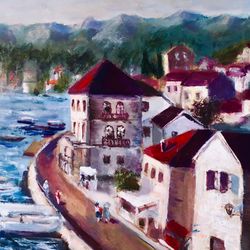 original art seascape landscape sea sun city oil painting 11by 8 inch