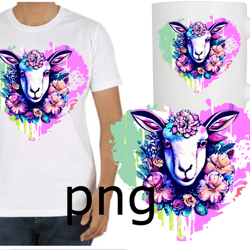 Sublimation of a beautiful sheep with a heart and flowers