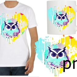 sublimation of a beautiful owl with a heart and planets