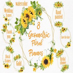 geometric frames clipart: "sunflowers frames" watercolor flowers modern floral frame wedding clipart wedding floral fram