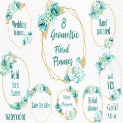 geometric frames clipart: "gold mint frames" mint watercolor flowers modern floral frame wedding clip art wedding floral
