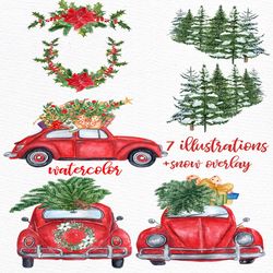 watercolor christmas cars clipart: "christmas beetle" christmas red car floral wreath pine tree forest christmas gifts h